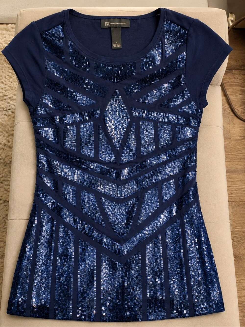 INC International Concepts Navy Blue Sequin dressy top.  Gorgeous for an evening
